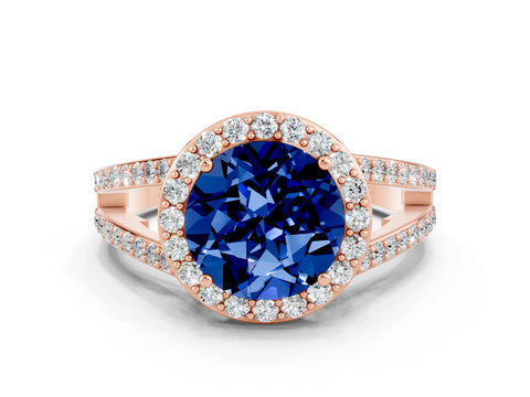 Rose gold Round Cut Blue Sapphire Halo Ring with Split Shank U-Prong Band and Four-Prong Setting