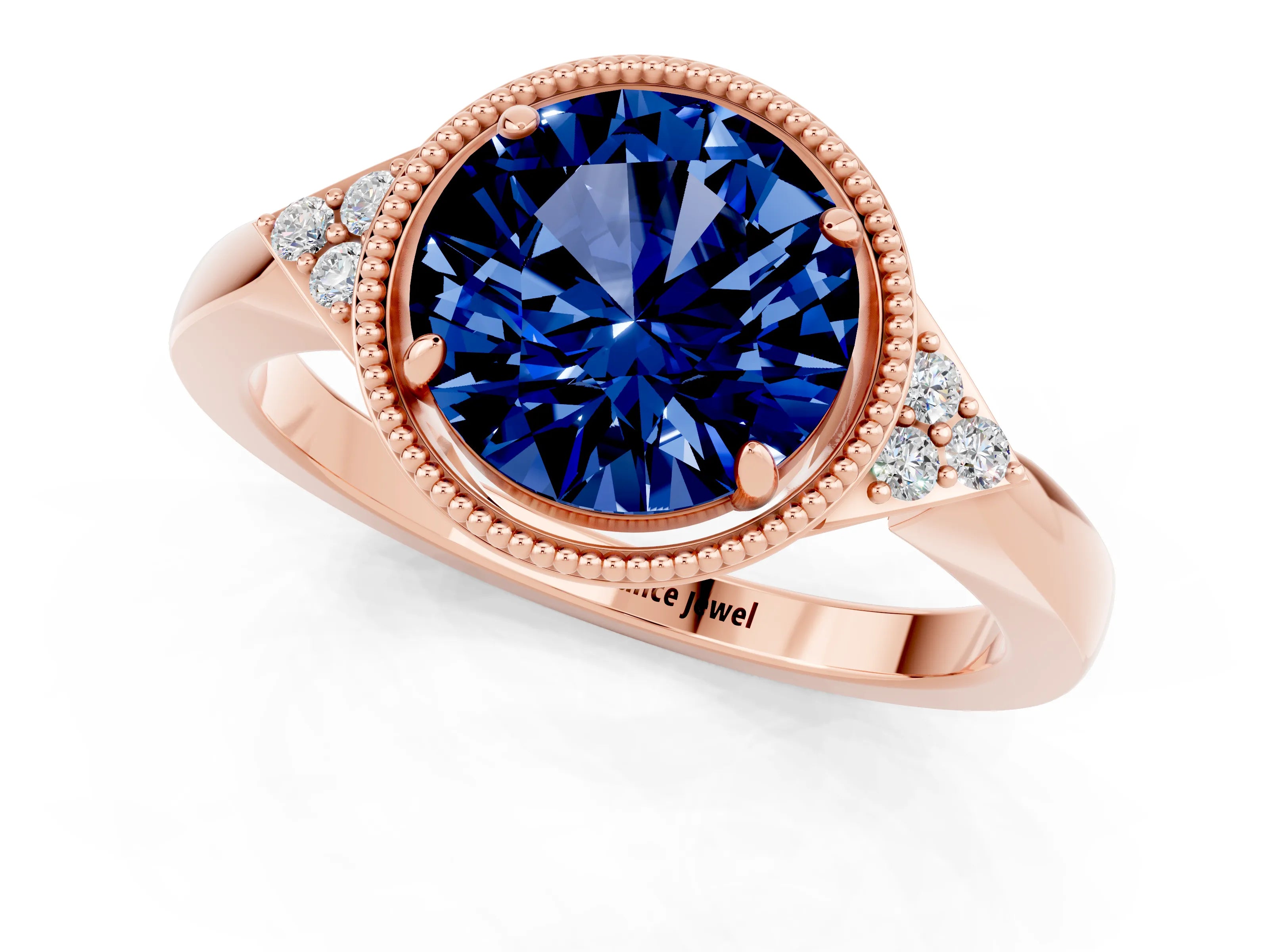 Rose gold Round Cut Blue Sapphire Halo Ring with Tapered Band and Four-Prong Setting_1