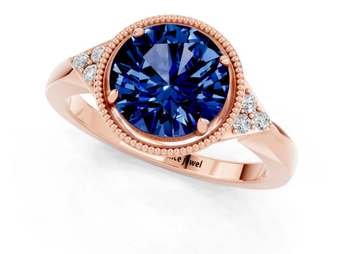 Rose gold Round Cut Blue Sapphire Halo Ring with Tapered Band and Four-Prong Setting_1