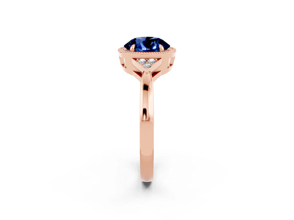 Rose gold Round Cut Blue Sapphire Halo Ring with Tapered Band and Four-Prong Setting