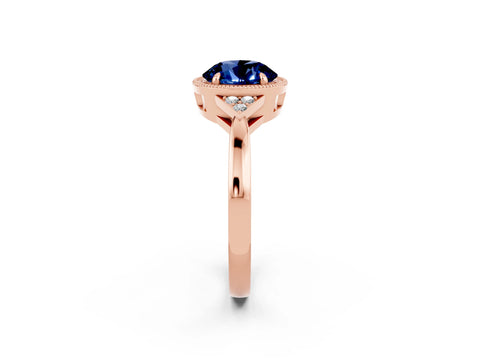 Rose gold Round Cut Blue Sapphire Halo Ring with Tapered Band and Four-Prong Setting_2
