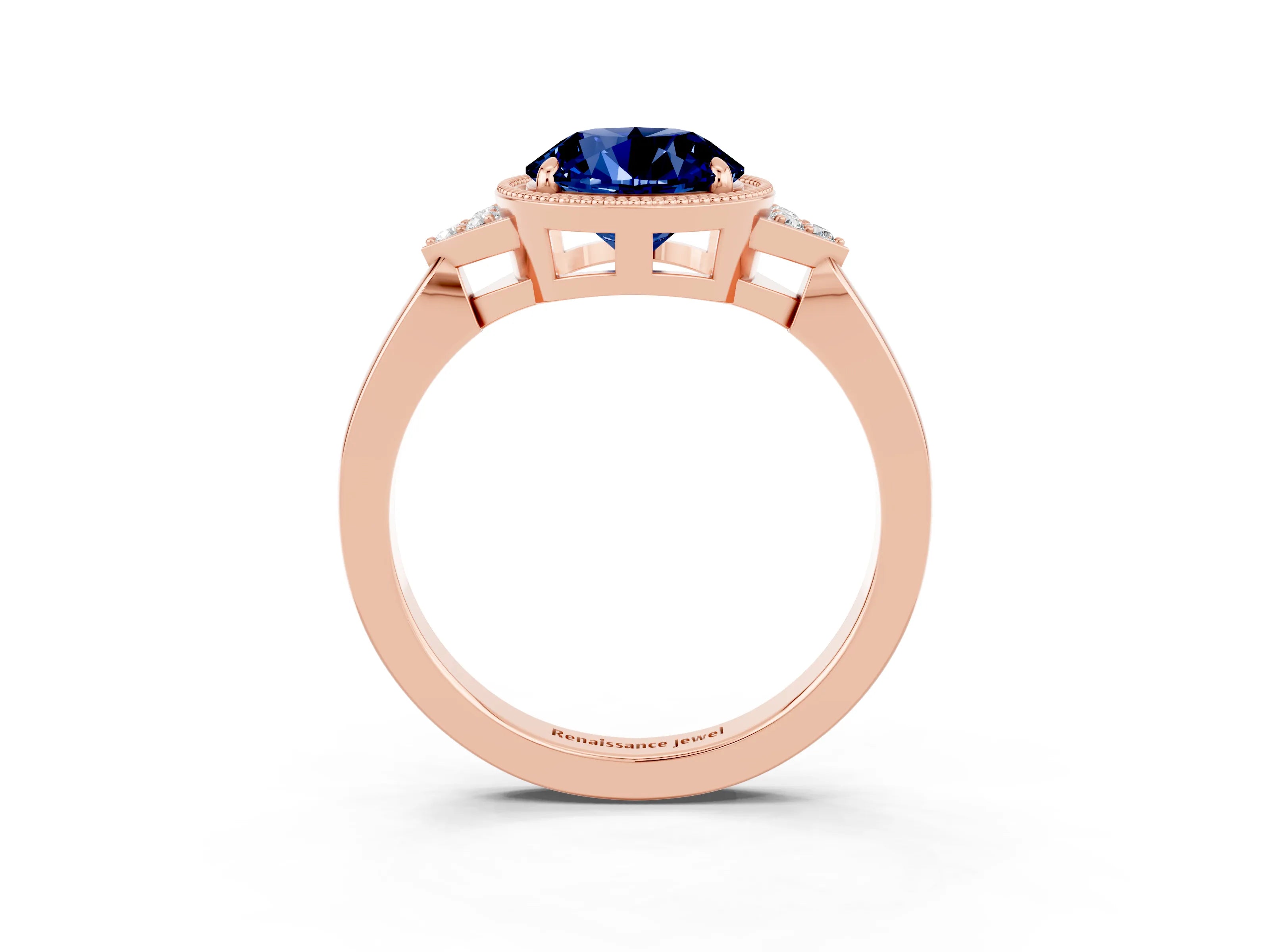 Rose gold Round Cut Blue Sapphire Halo Ring with Tapered Band and Four-Prong Setting_3