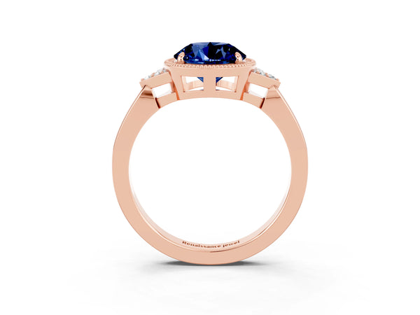 Rose gold Round Cut Blue Sapphire Halo Ring with Tapered Band and Four-Prong Setting