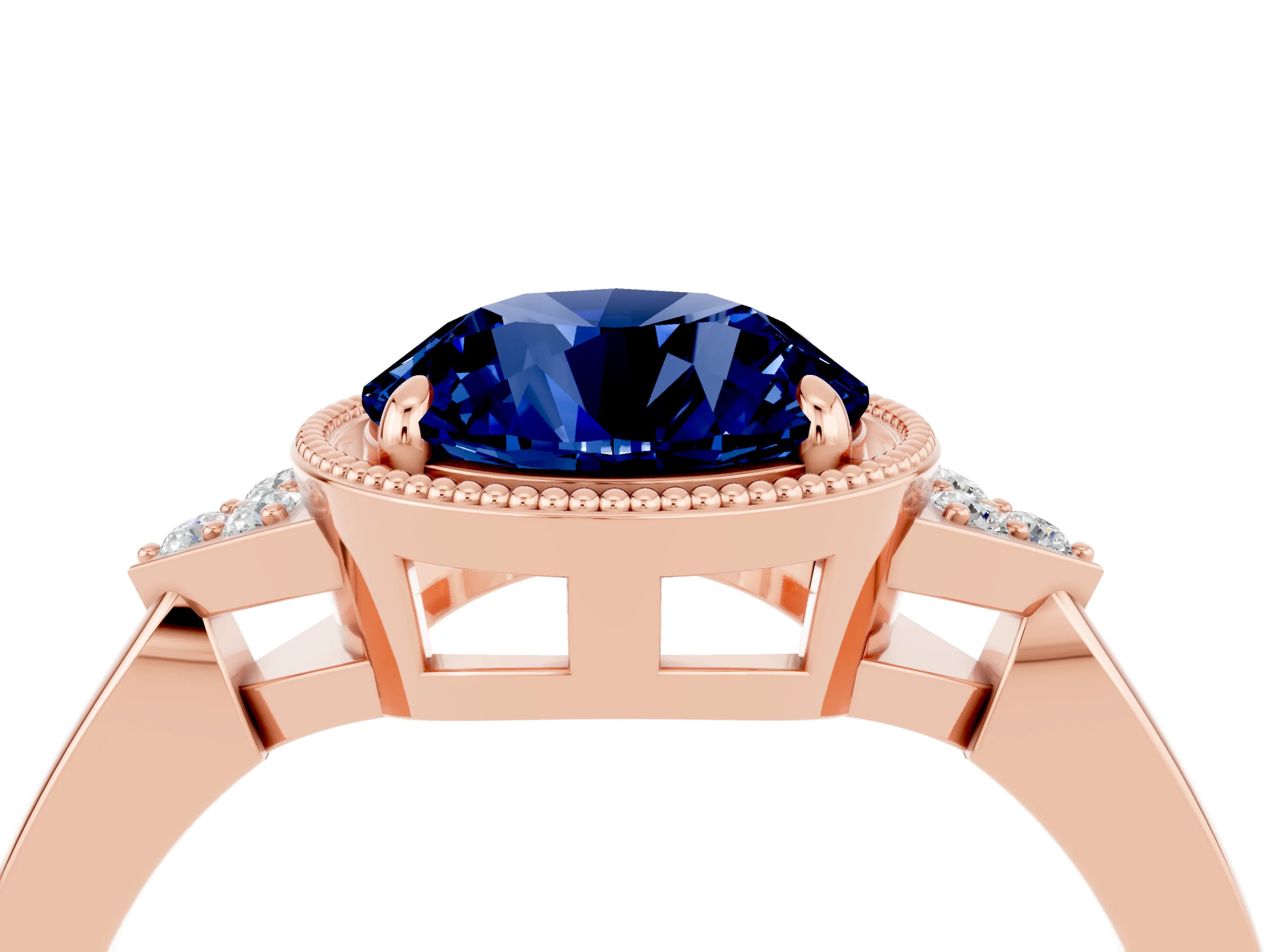 Rose gold Round Cut Blue Sapphire Halo Ring with Tapered Band and Four-Prong Setting_4