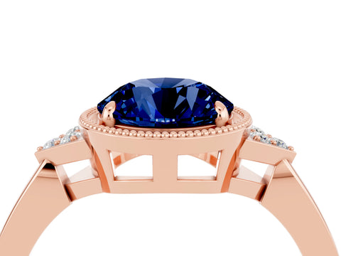 Rose gold Round Cut Blue Sapphire Halo Ring with Tapered Band and Four-Prong Setting_4