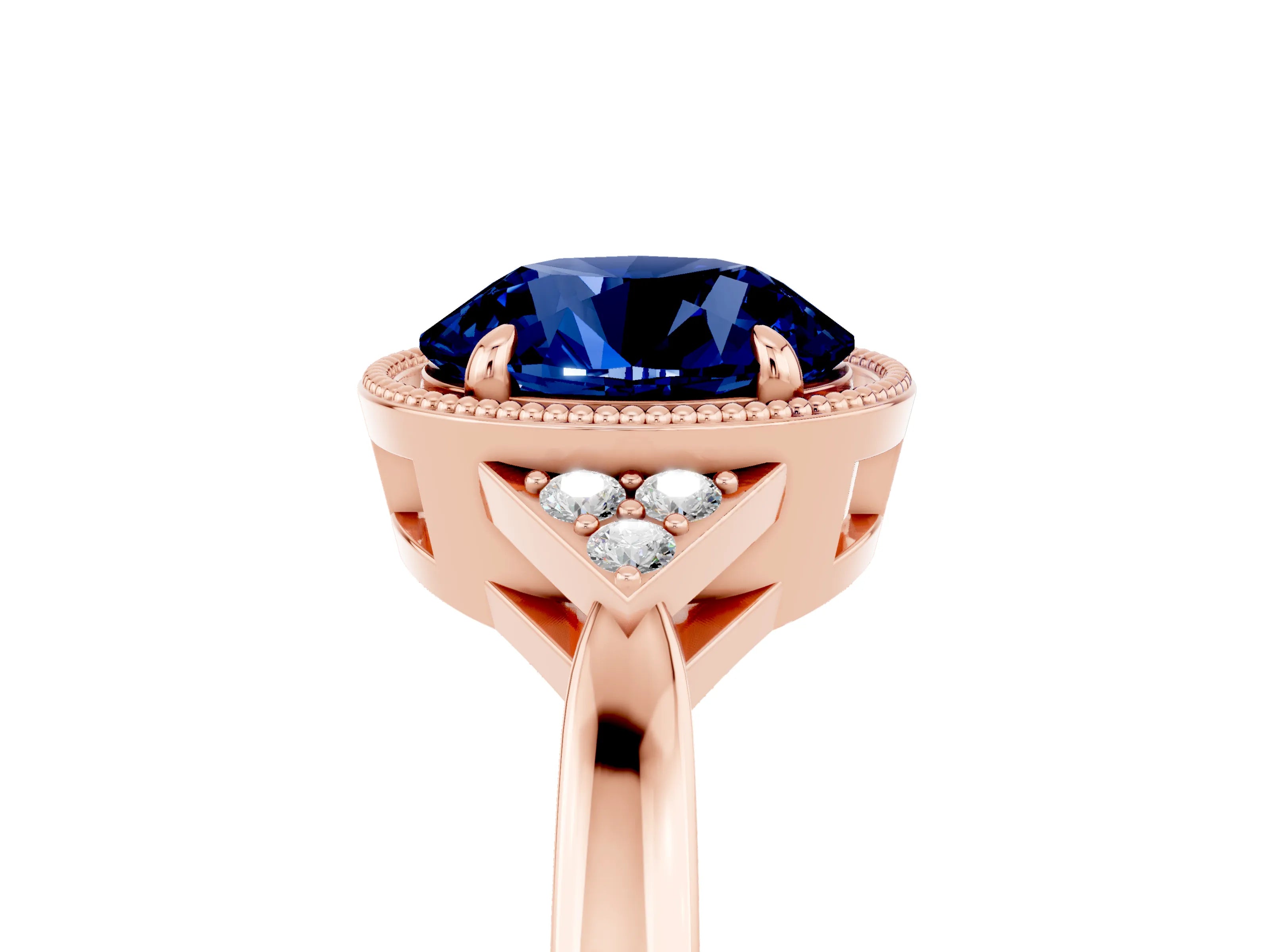 Rose gold Round Cut Blue Sapphire Halo Ring with Tapered Band and Four-Prong Setting_5