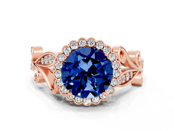 Rose gold Round Cut Blue Sapphire Halo Ring with Vintage Split Shank and Four-Prong Setting