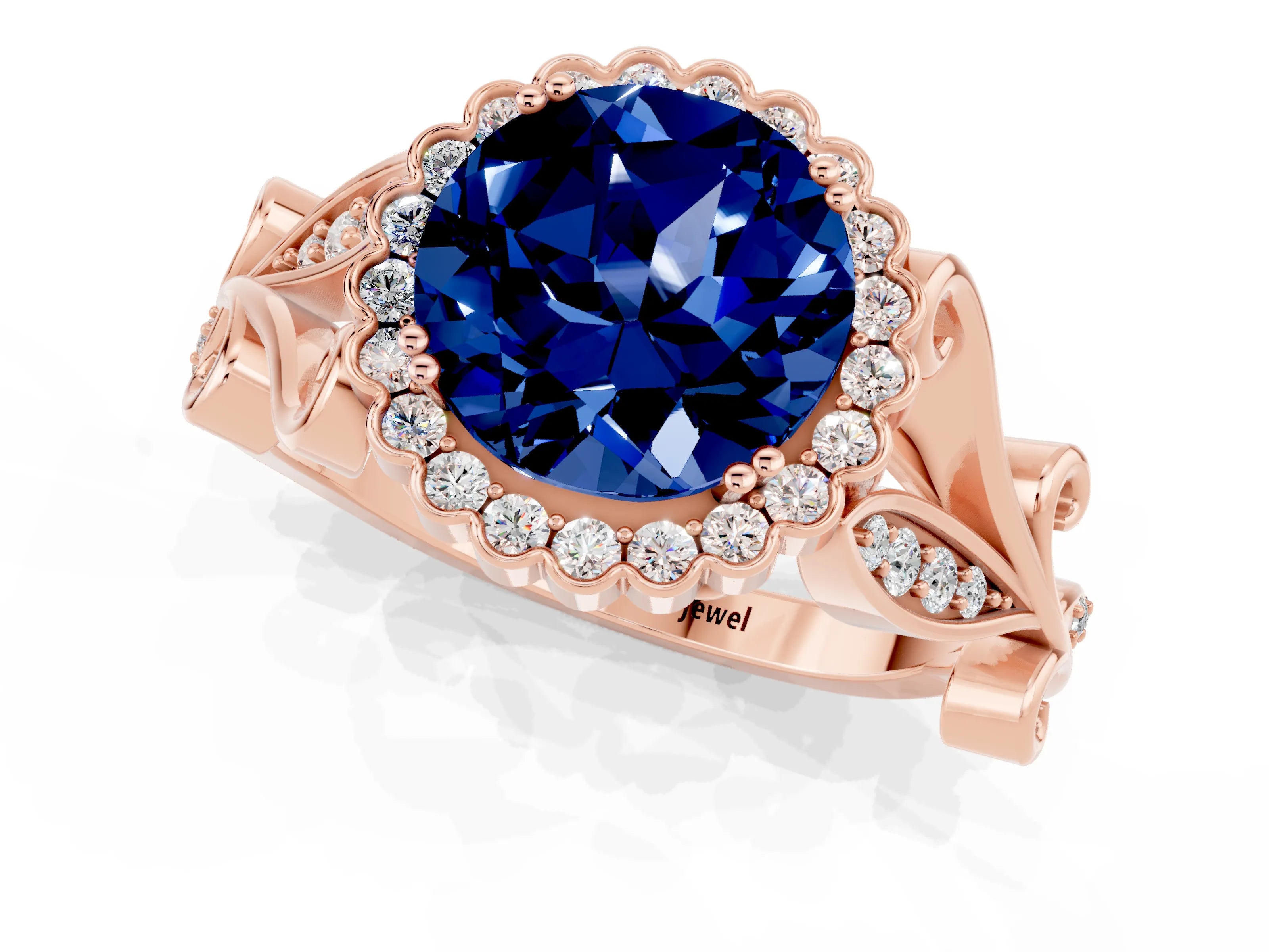 Rose gold Round Cut Blue Sapphire Halo Ring with Vintage Split Shank and Four-Prong Setting_1