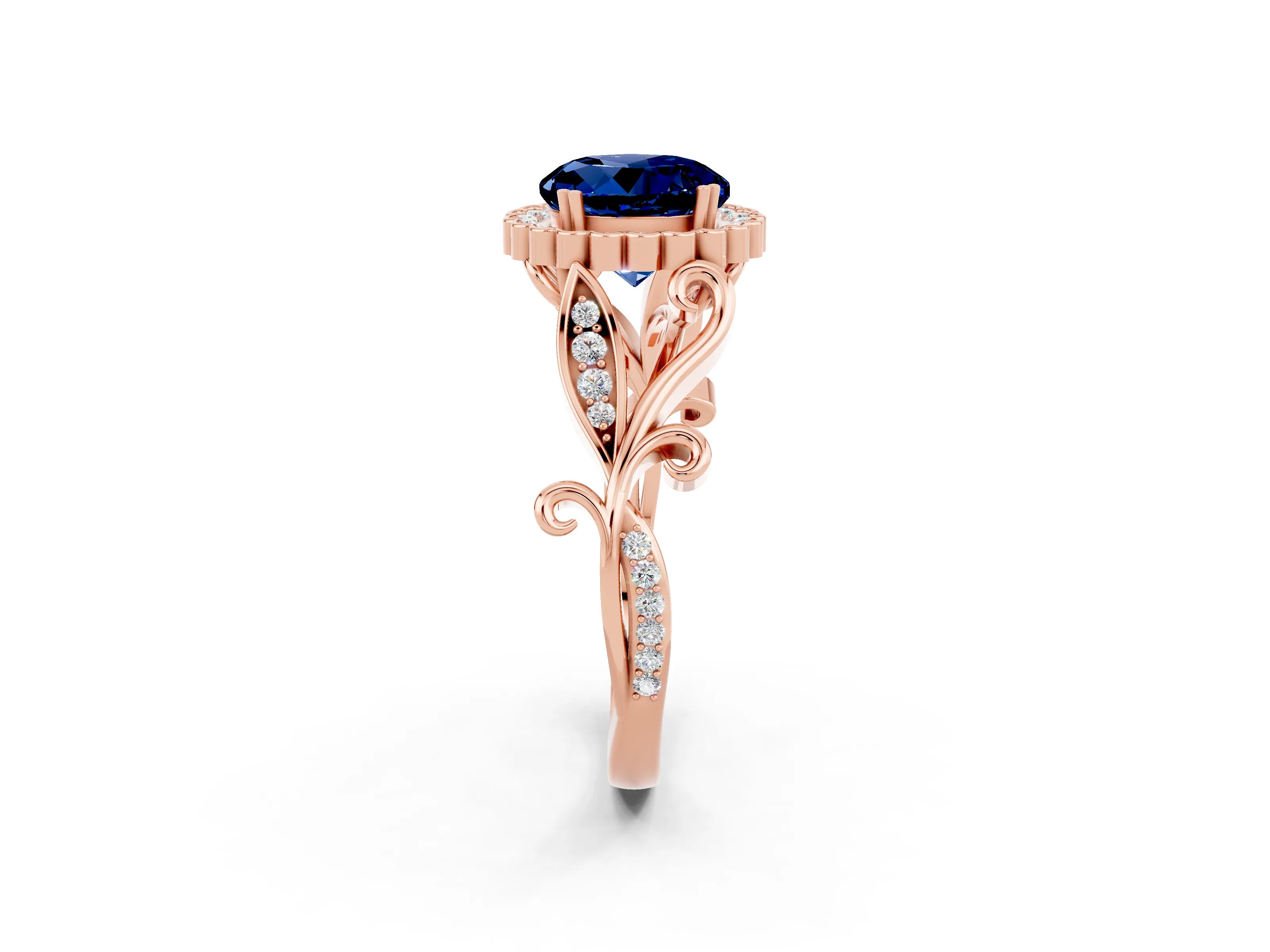 Rose gold Round Cut Blue Sapphire Halo Ring with Vintage Split Shank and Four-Prong Setting_2