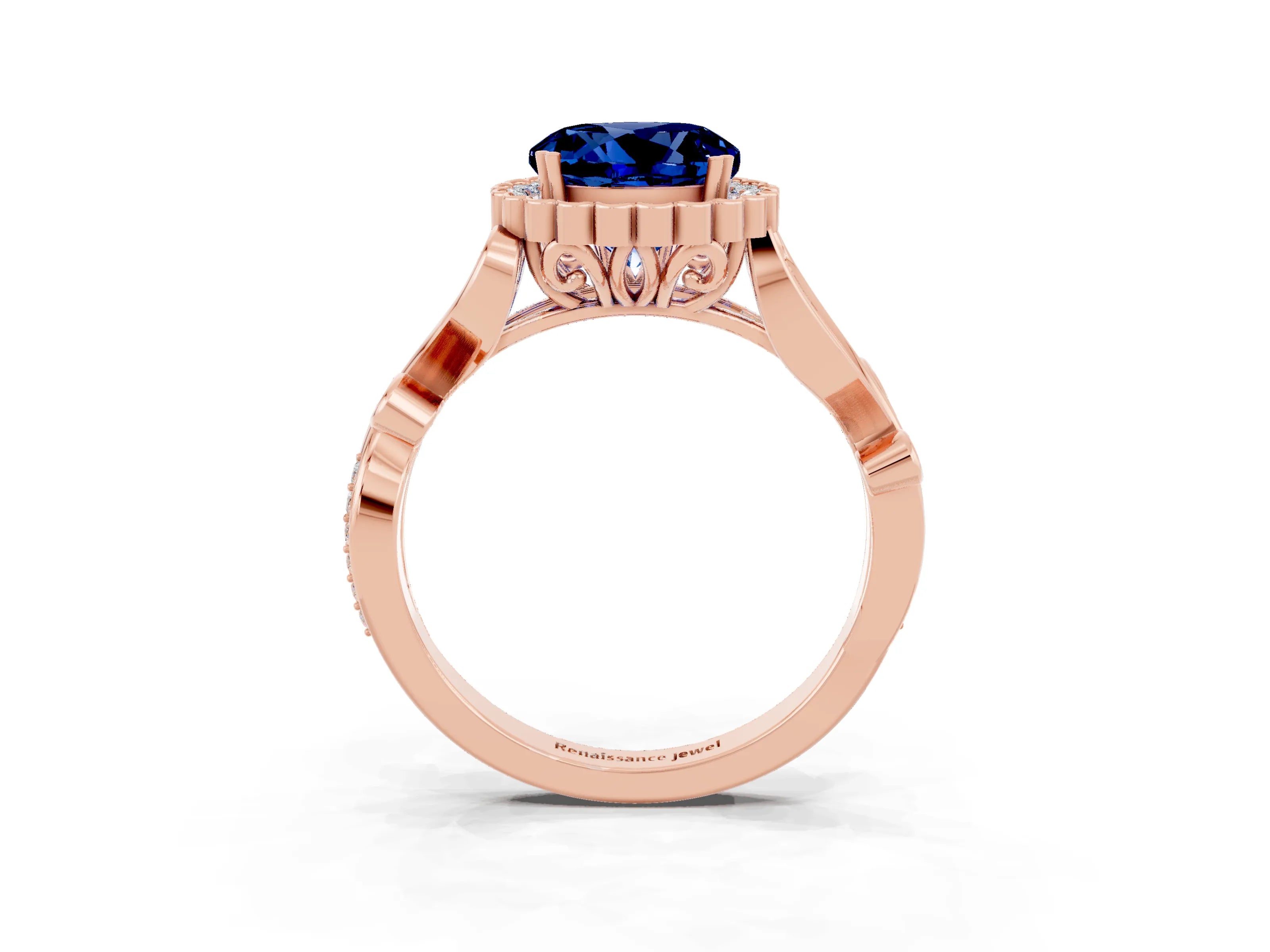 Rose gold Round Cut Blue Sapphire Halo Ring with Vintage Split Shank and Four-Prong Setting_3