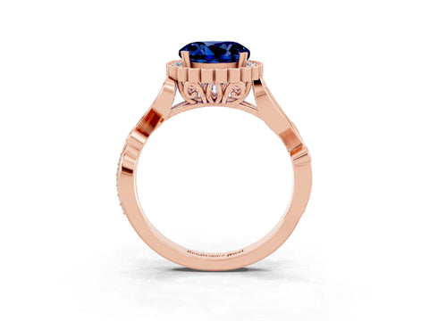 Rose gold Round Cut Blue Sapphire Halo Ring with Vintage Split Shank and Four-Prong Setting_3