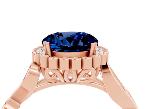 Rose gold Round Cut Blue Sapphire Halo Ring with Vintage Split Shank and Four-Prong Setting_4