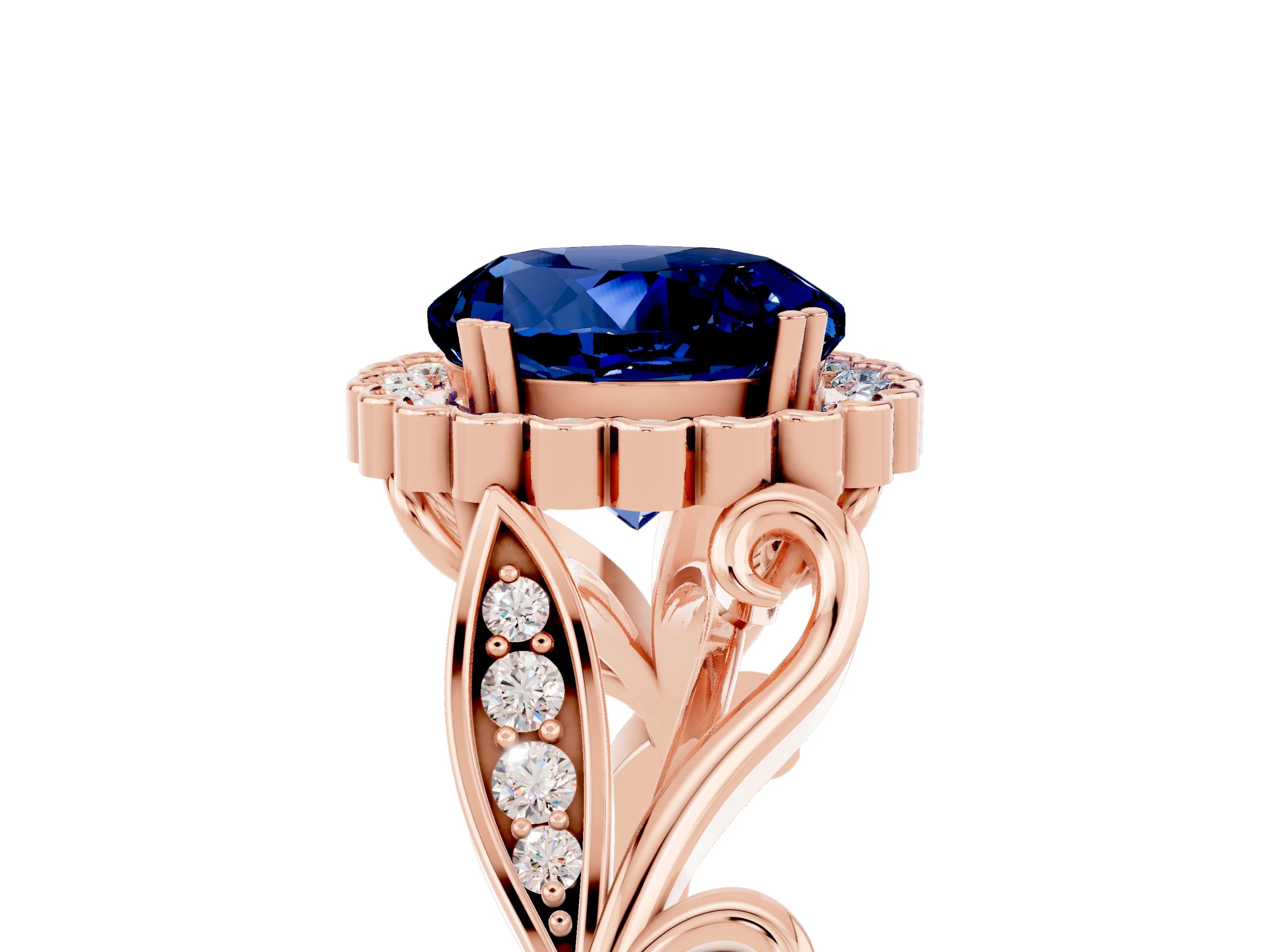 Rose gold Round Cut Blue Sapphire Halo Ring with Vintage Split Shank and Four-Prong Setting_5