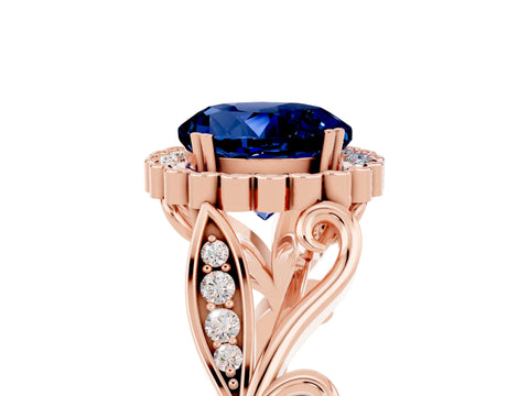 Rose gold Round Cut Blue Sapphire Halo Ring with Vintage Split Shank and Four-Prong Setting_5