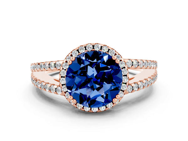 Rose gold Round Cut Blue Sapphire Halo Split Shank Engagement Ring