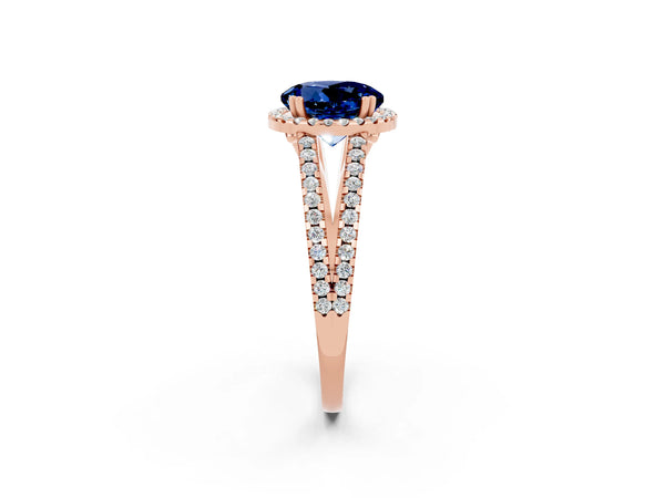 Rose gold Round Cut Blue Sapphire Halo Split Shank Engagement Ring