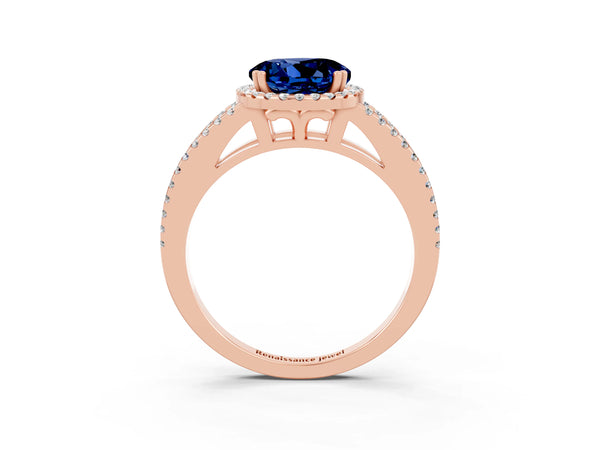 Rose gold Round Cut Blue Sapphire Halo Split Shank Engagement Ring
