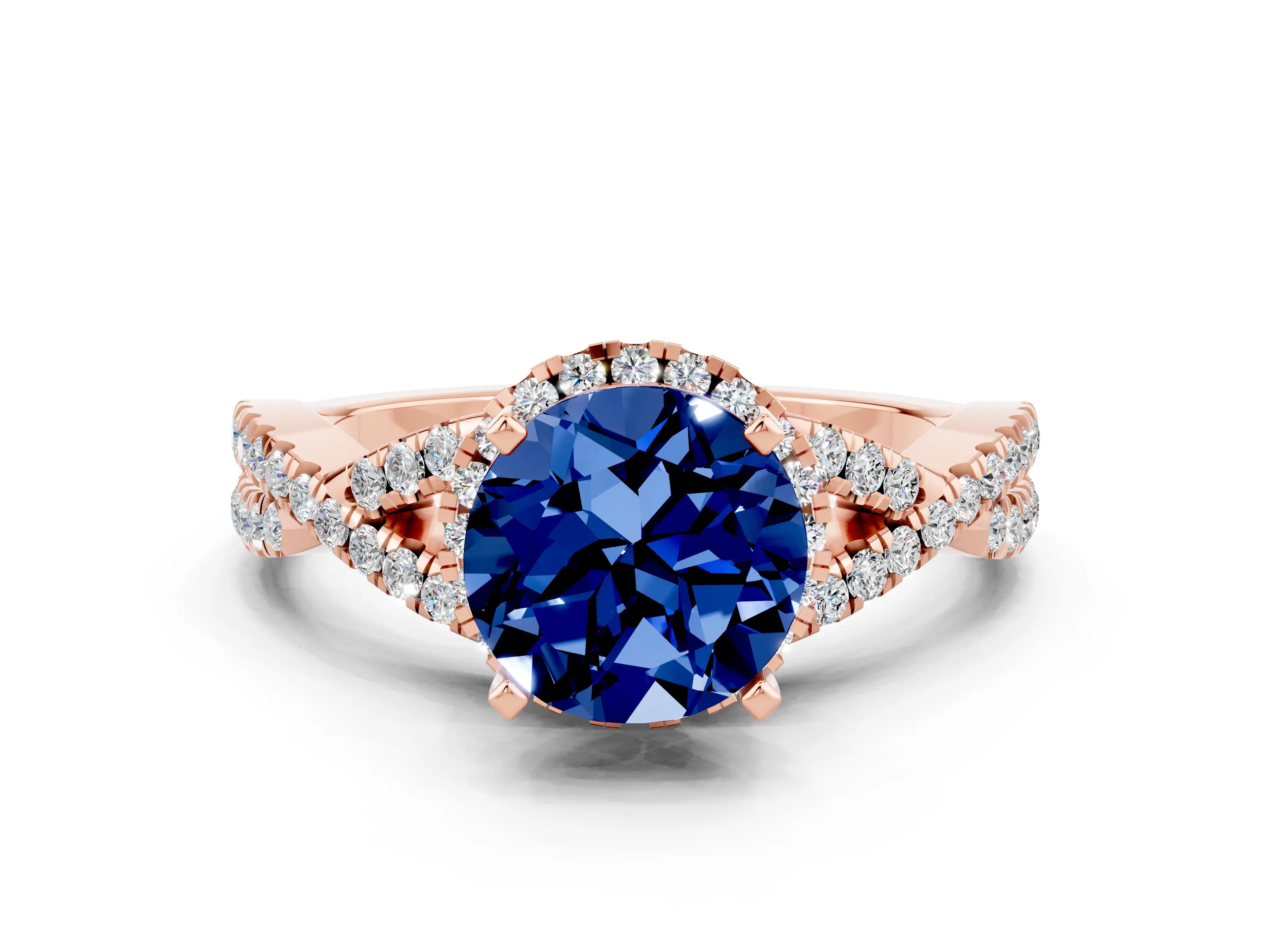Rose gold Round Cut Blue Sapphire Halo Twist Band Solitaire Prong Setting Ring