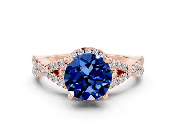 Rose gold Round Cut Blue Sapphire  Halo Twist Band Solitaire Prong Setting Ring
