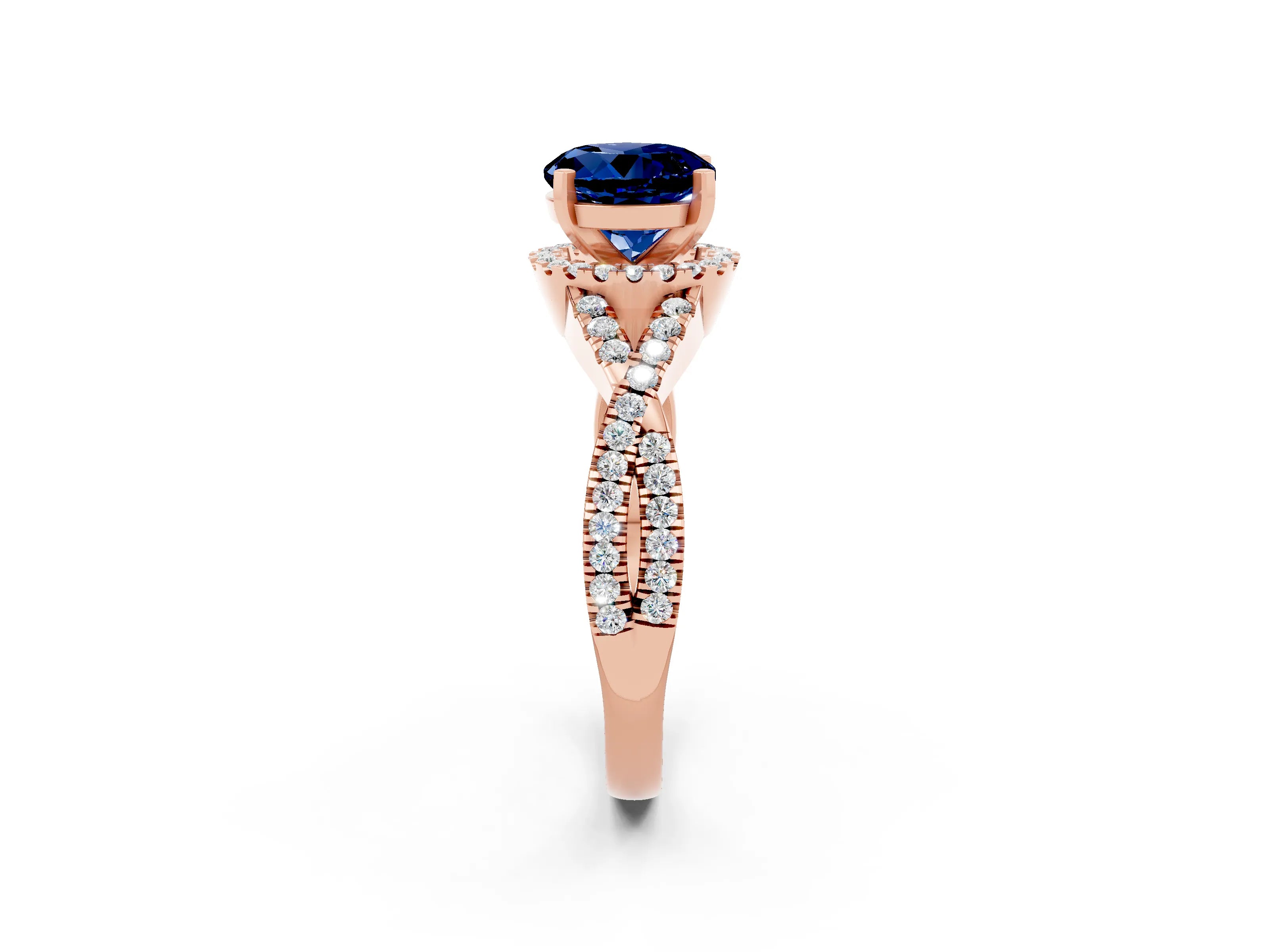Rose gold Round Cut Blue Sapphire Halo Twist Band Solitaire Prong Setting Ring_2