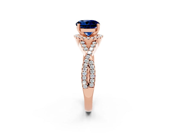 Rose gold Round Cut Blue Sapphire  Halo Twist Band Solitaire Prong Setting Ring