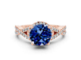Rose gold Round Cut Blue Sapphire  Halo Twist Band Solitaire Prong Setting Ring_24