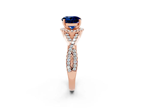 Rose gold Round Cut Blue Sapphire Halo Twist Band Solitaire Prong Setting Ring_2