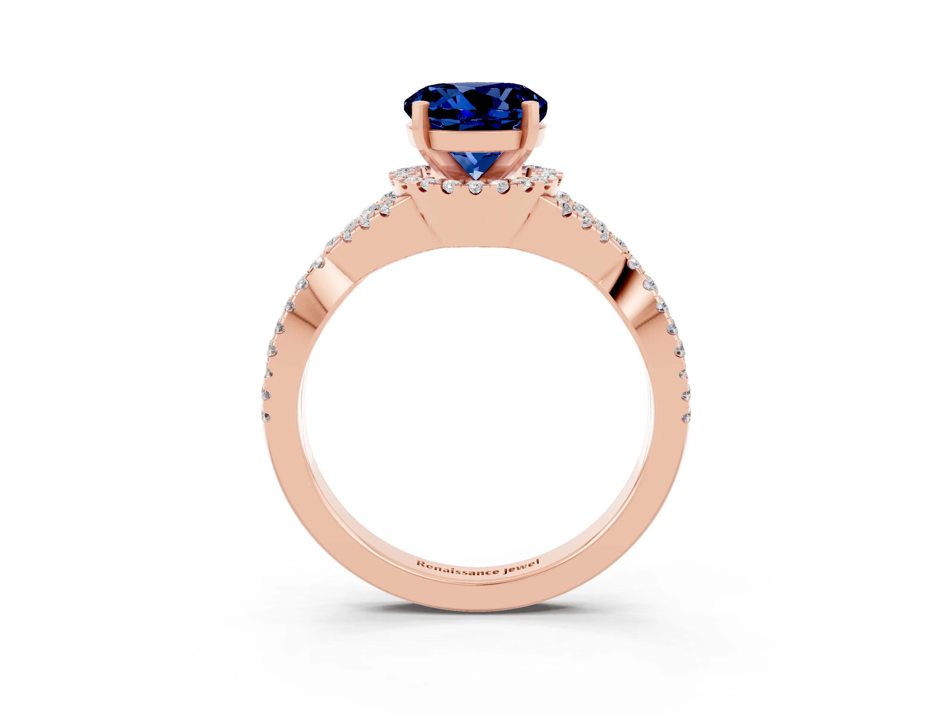 Rose gold Round Cut Blue Sapphire Halo Twist Band Solitaire Prong Setting Ring_3