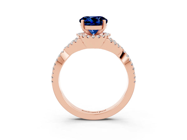 Rose gold Round Cut Blue Sapphire  Halo Twist Band Solitaire Prong Setting Ring