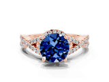 Rose gold Round Cut Blue Sapphire  Halo Twist Band Solitaire Prong Setting Ring_42