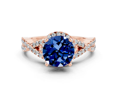 Rose gold Round Cut Blue Sapphire Halo Twist Band Solitaire Prong Setting Ring