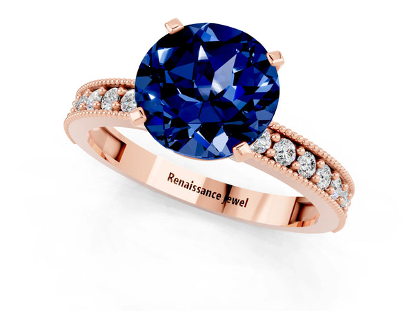Rose gold Round Cut Blue Sapphire Milgrain Pavé Engagement Ring with Four-Prong Setting