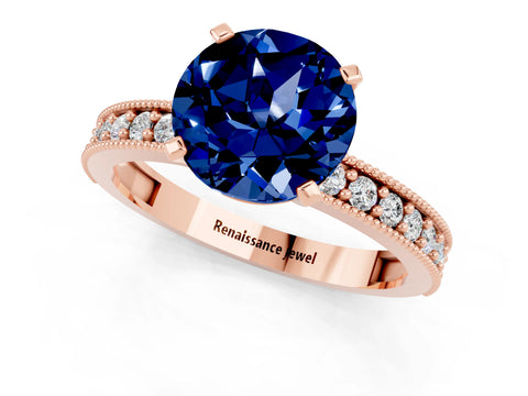 Rose gold Round Cut Blue Sapphire Milgrain Pavé Engagement Ring with Four-Prong Setting_1