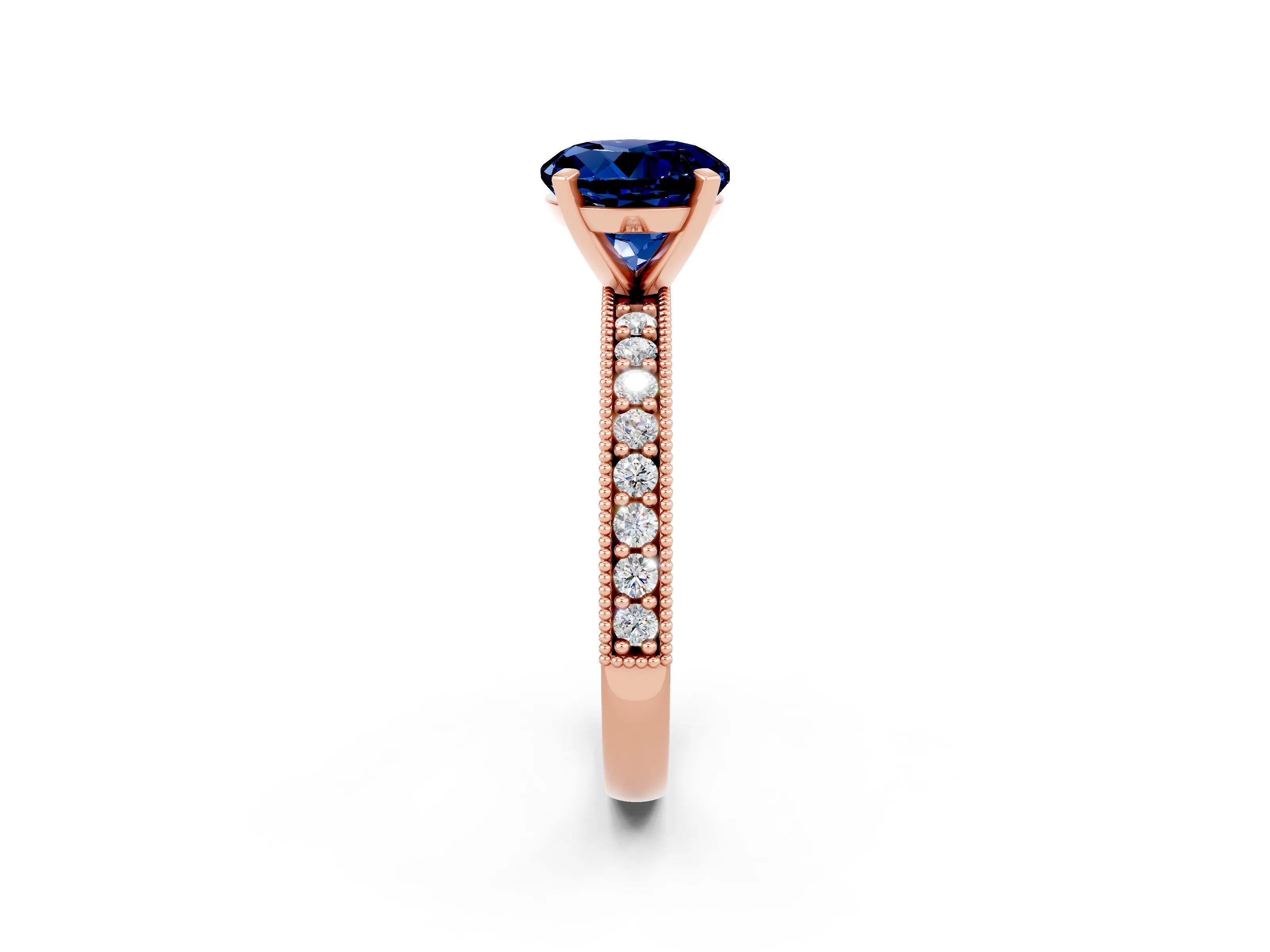 Rose gold Round Cut Blue Sapphire Milgrain Pavé Engagement Ring with Four-Prong Setting_2