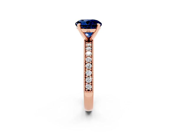 Rose gold Round Cut Blue Sapphire Milgrain Pavé Engagement Ring with Four-Prong Setting