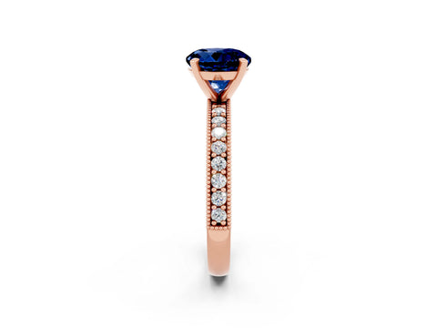 Rose gold Round Cut Blue Sapphire Milgrain Pavé Engagement Ring with Four-Prong Setting_2
