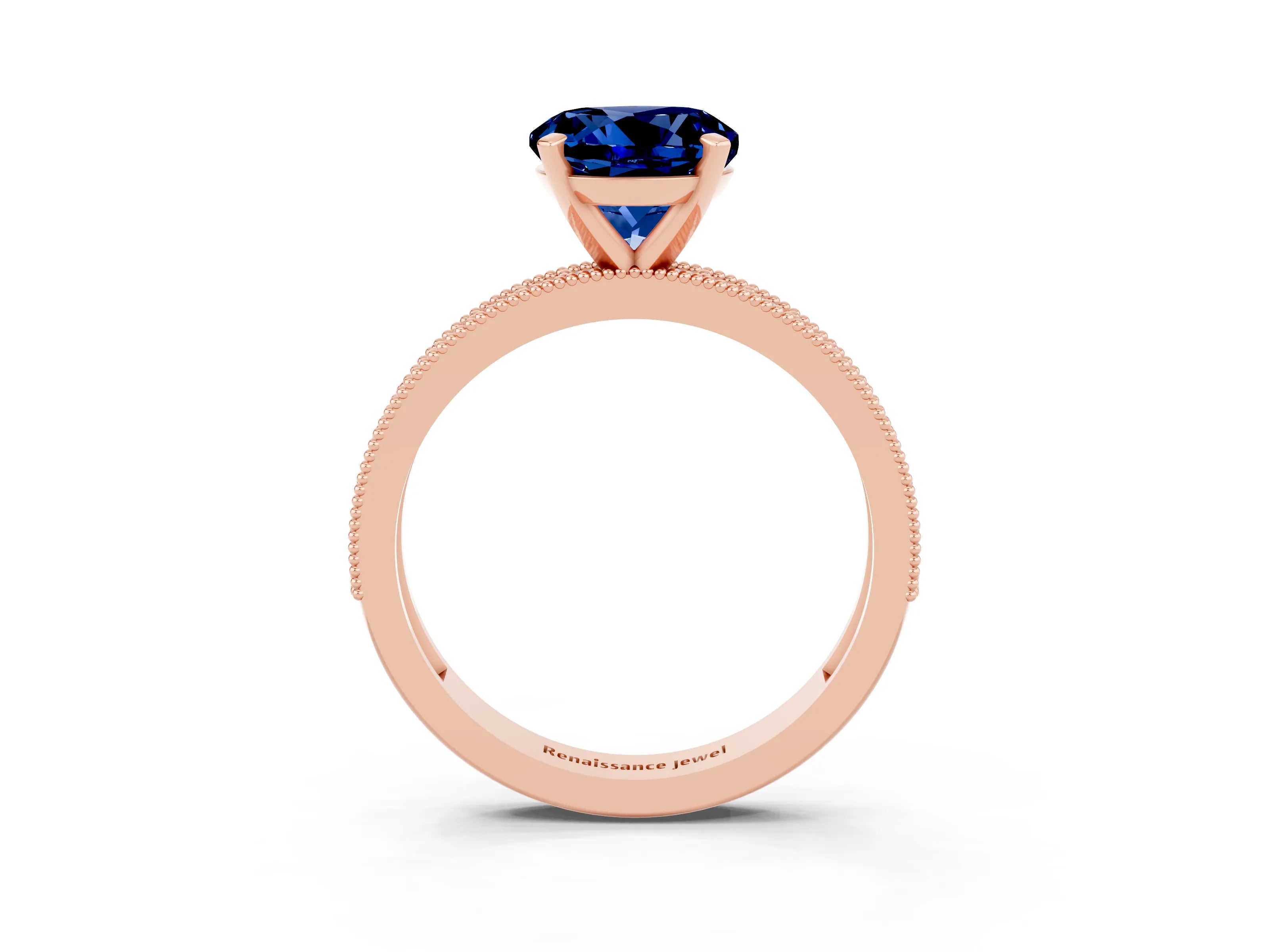 Rose gold Round Cut Blue Sapphire Milgrain Pavé Engagement Ring with Four-Prong Setting_3