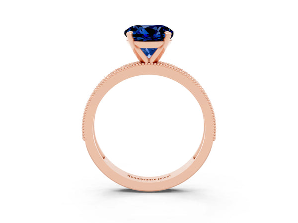 Rose gold Round Cut Blue Sapphire Milgrain Pavé Engagement Ring with Four-Prong Setting