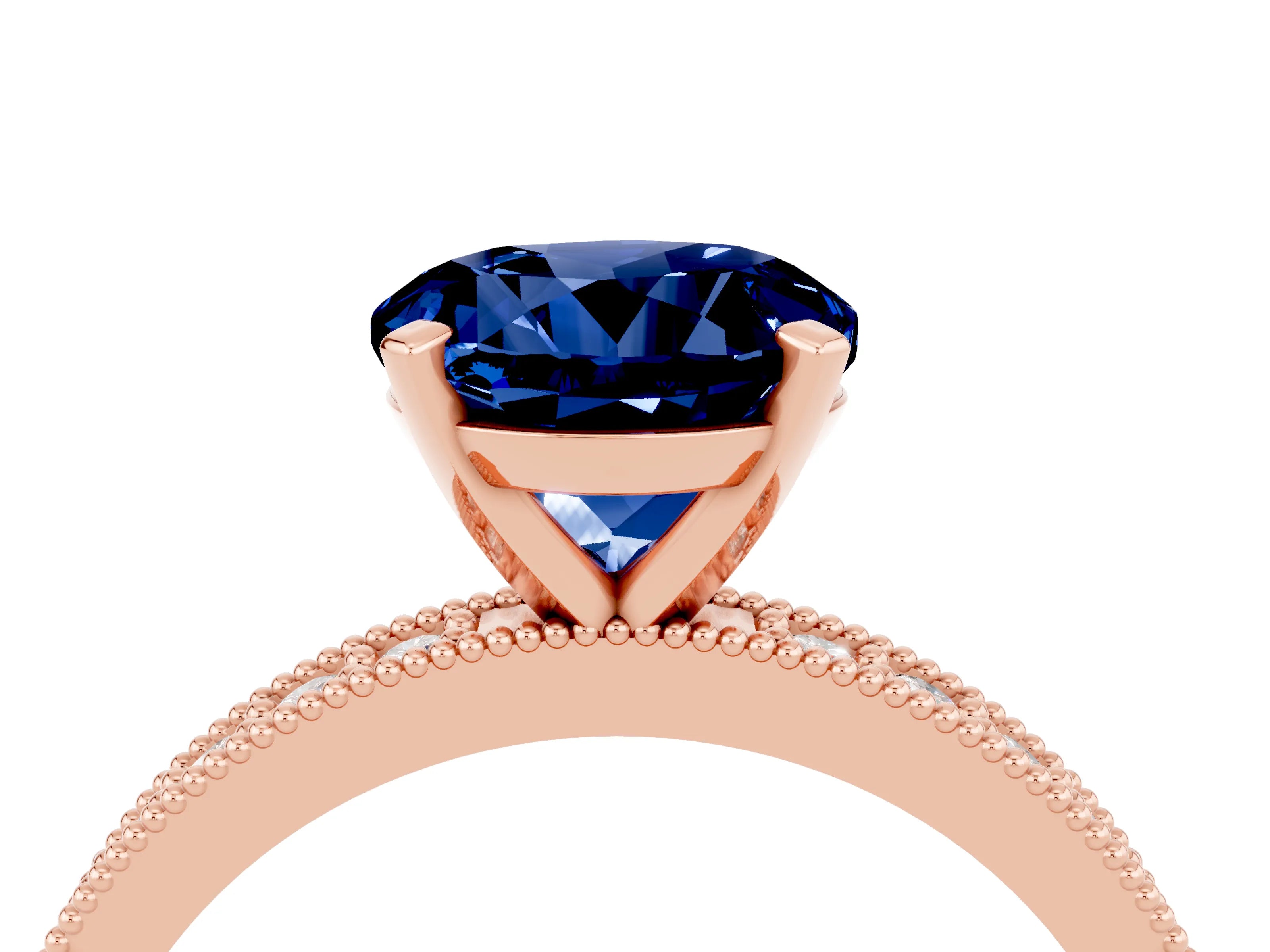 Rose gold Round Cut Blue Sapphire Milgrain Pavé Engagement Ring with Four-Prong Setting_4