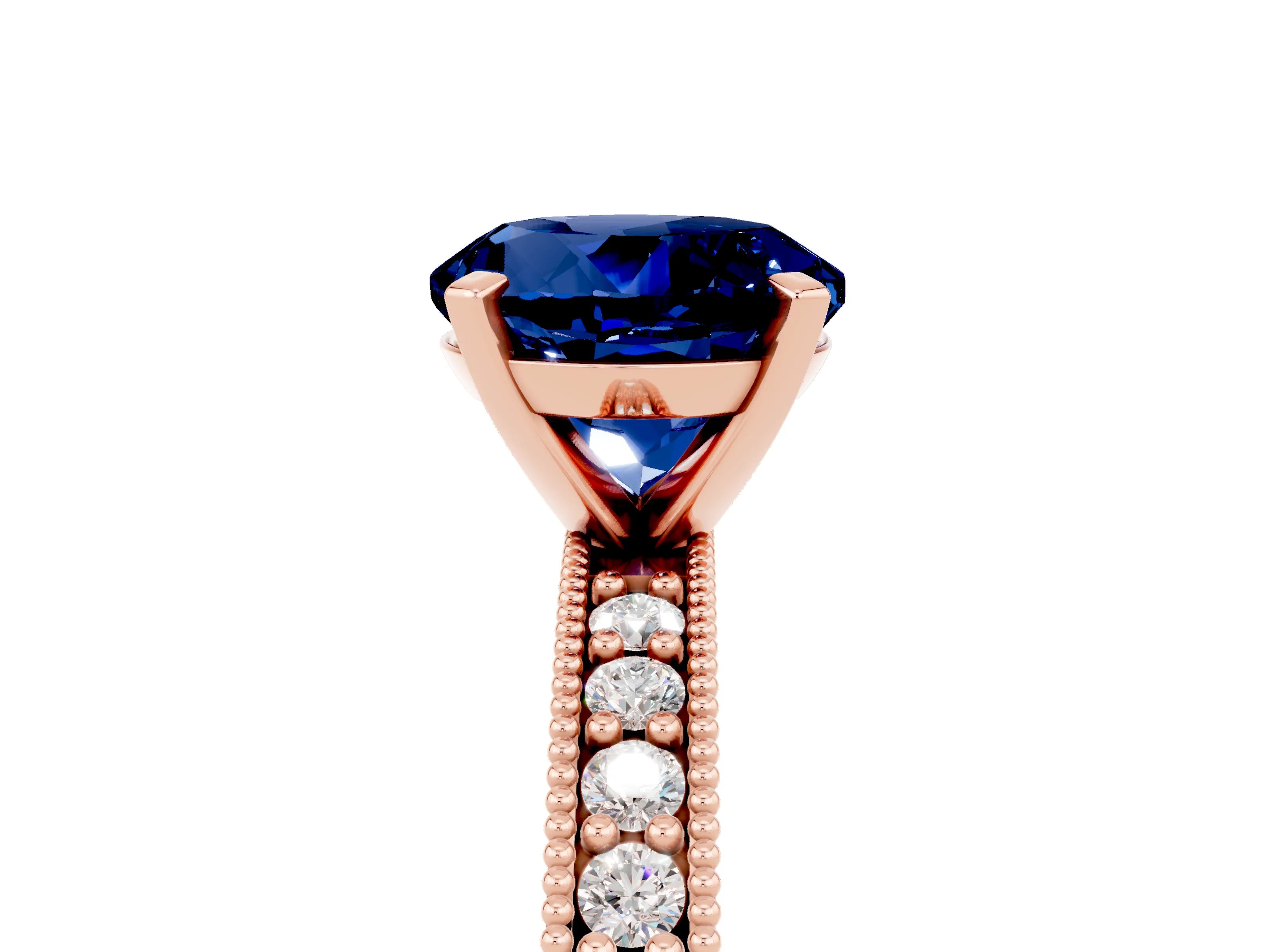 Rose gold Round Cut Blue Sapphire Milgrain Pavé Engagement Ring with Four-Prong Setting_5