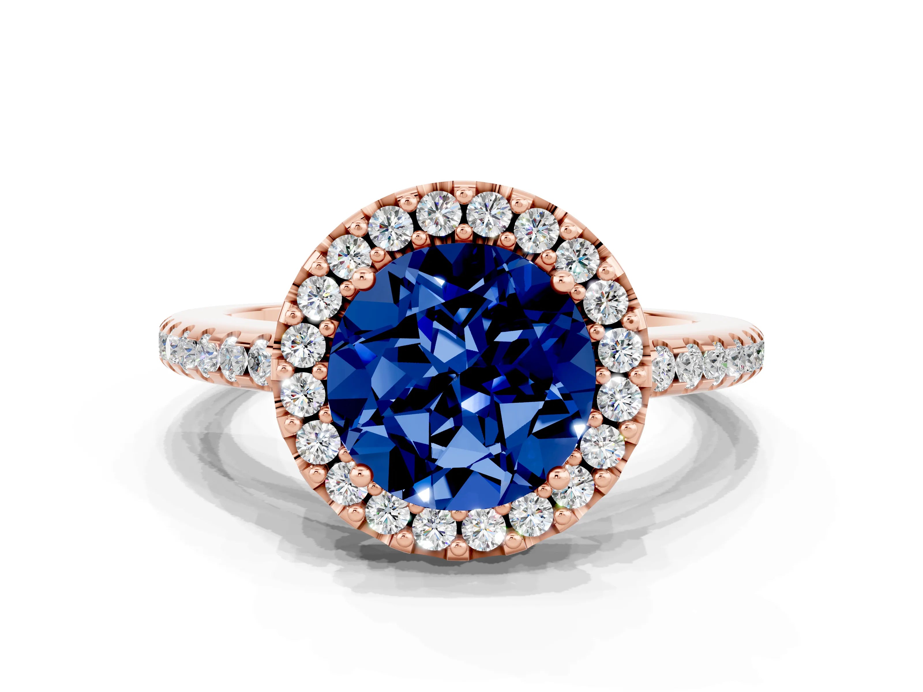 Rose gold Round Cut Blue Sapphire Pavé Halo Ring with Four-Prong Setting_12