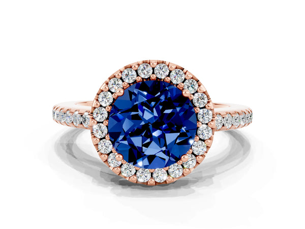 Rose gold Round Cut Blue Sapphire Pavé Halo Ring with Four-Prong Setting