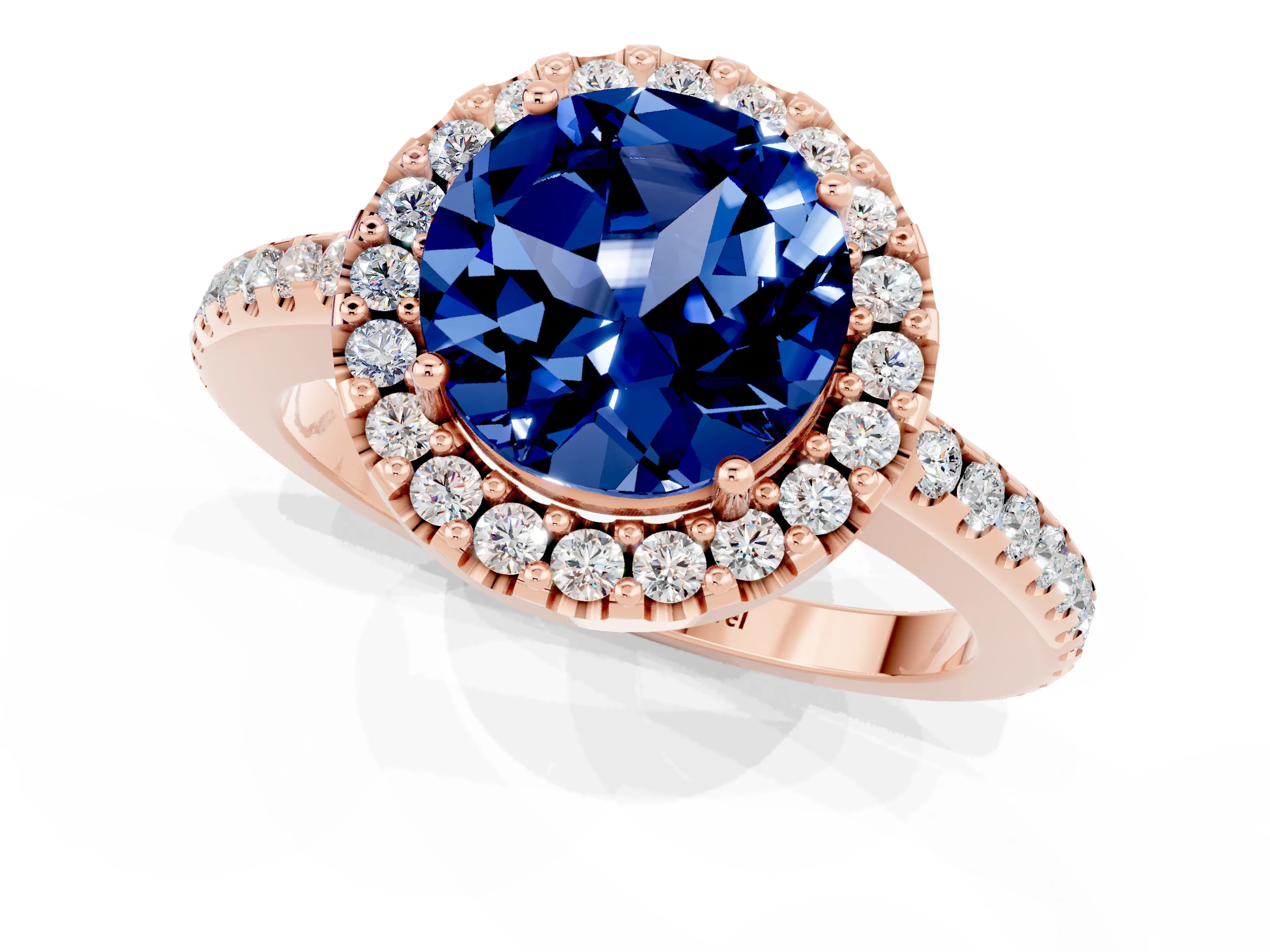 Rose gold Round Cut Blue Sapphire Pavé Halo Ring with Four-Prong Setting_13