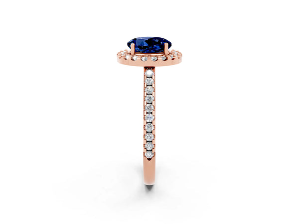 Rose gold Round Cut Blue Sapphire Pavé Halo Ring with Four-Prong Setting