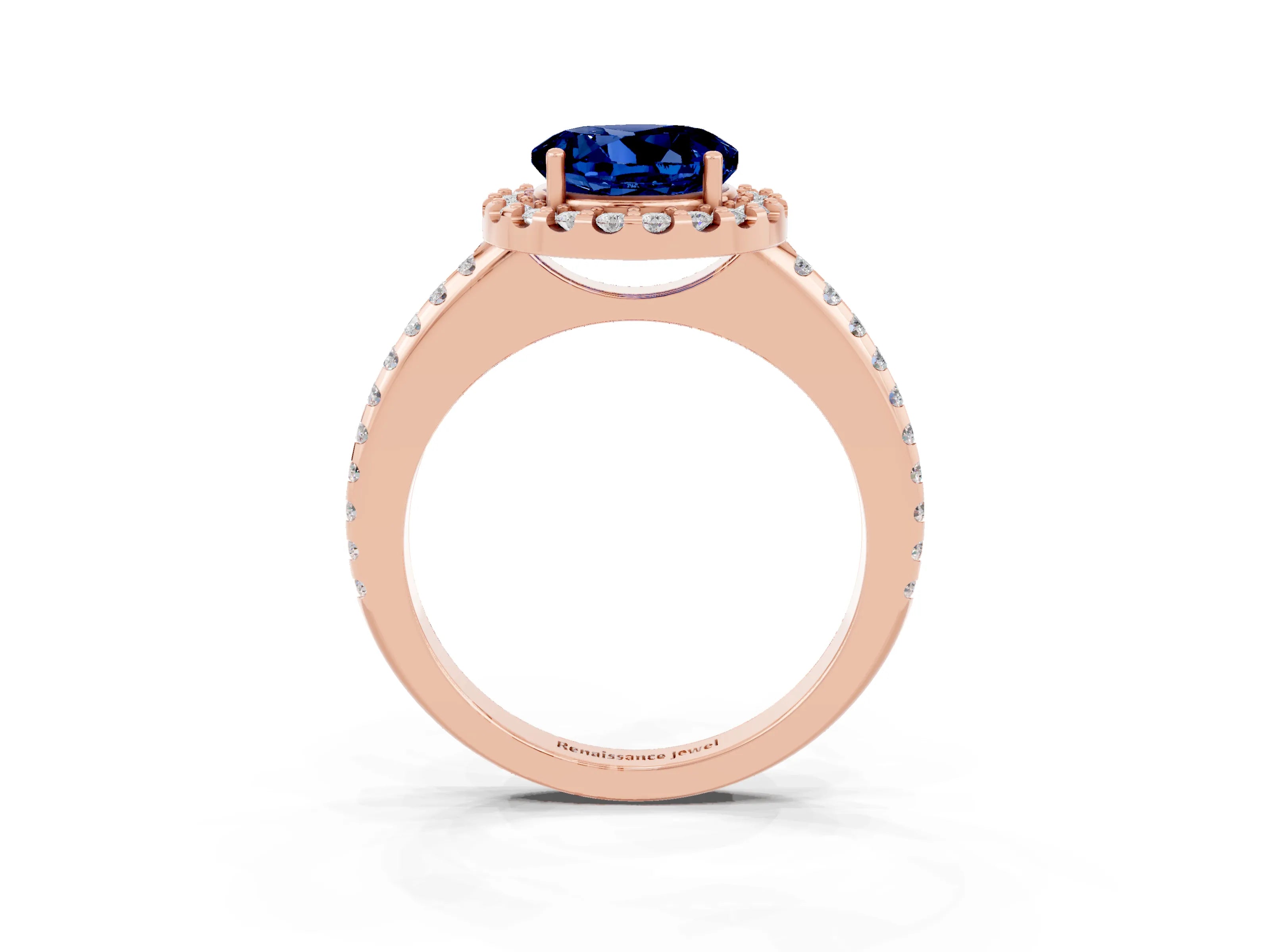 Rose gold Round Cut Blue Sapphire Pavé Halo Ring with Four-Prong Setting_15