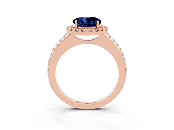 Rose gold Round Cut Blue Sapphire Pavé Halo Ring with Four-Prong Setting