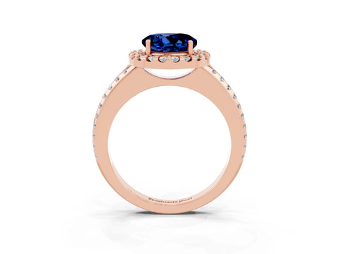 Rose gold Round Cut Blue Sapphire Pavé Halo Ring with Four-Prong Setting_15