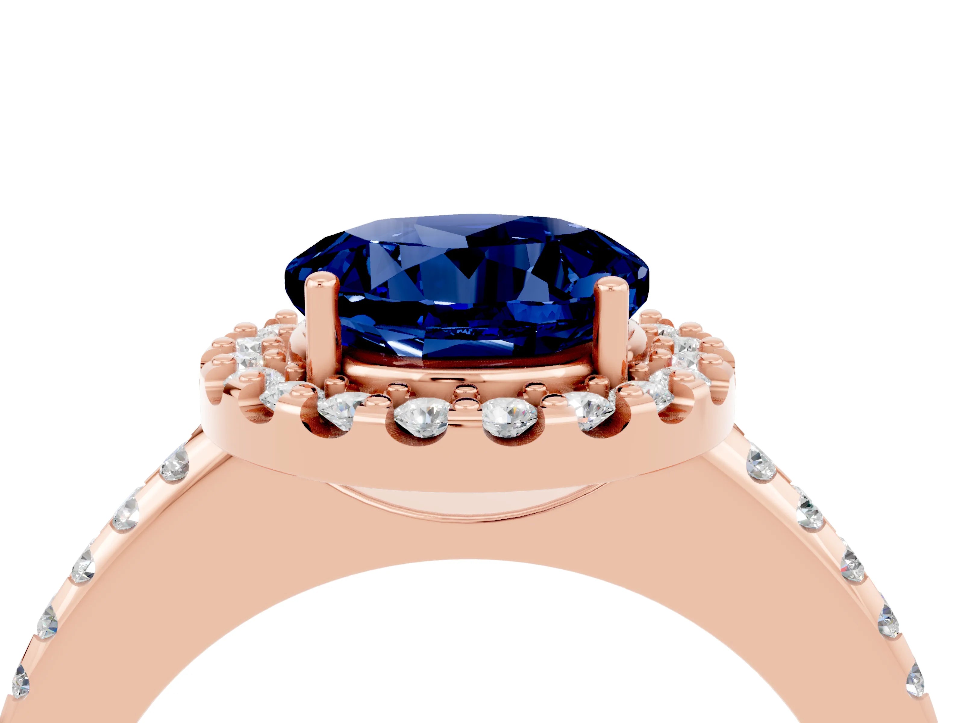 Rose gold Round Cut Blue Sapphire Pavé Halo Ring with Four-Prong Setting_16