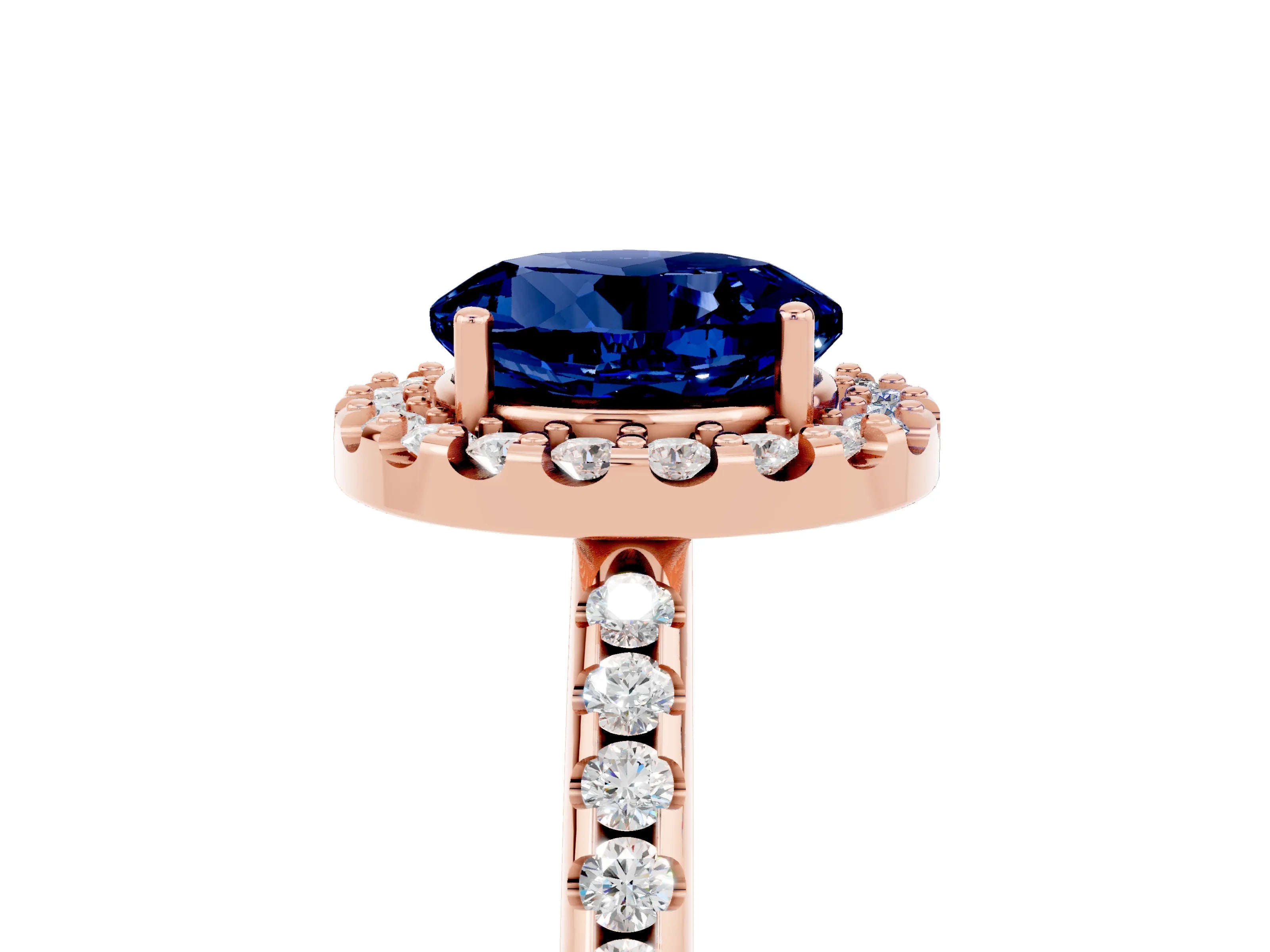 Rose gold Round Cut Blue Sapphire Pavé Halo Ring with Four-Prong Setting_17