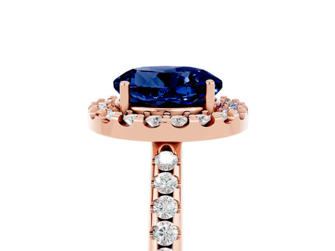 Rose gold Round Cut Blue Sapphire Pavé Halo Ring with Four-Prong Setting_17